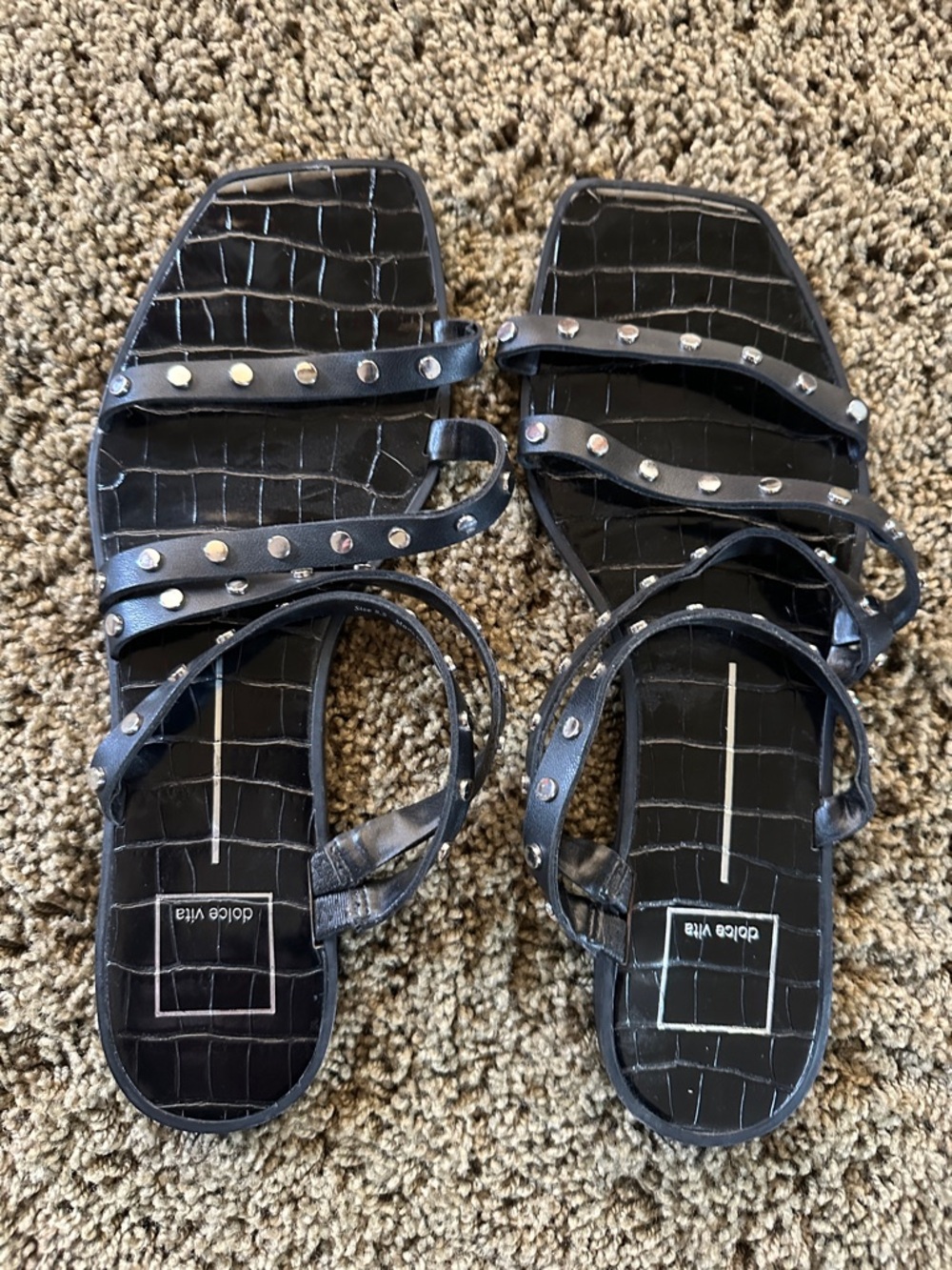 Dolce Vita Black Croc-Embossed Studded Strappy Sandals